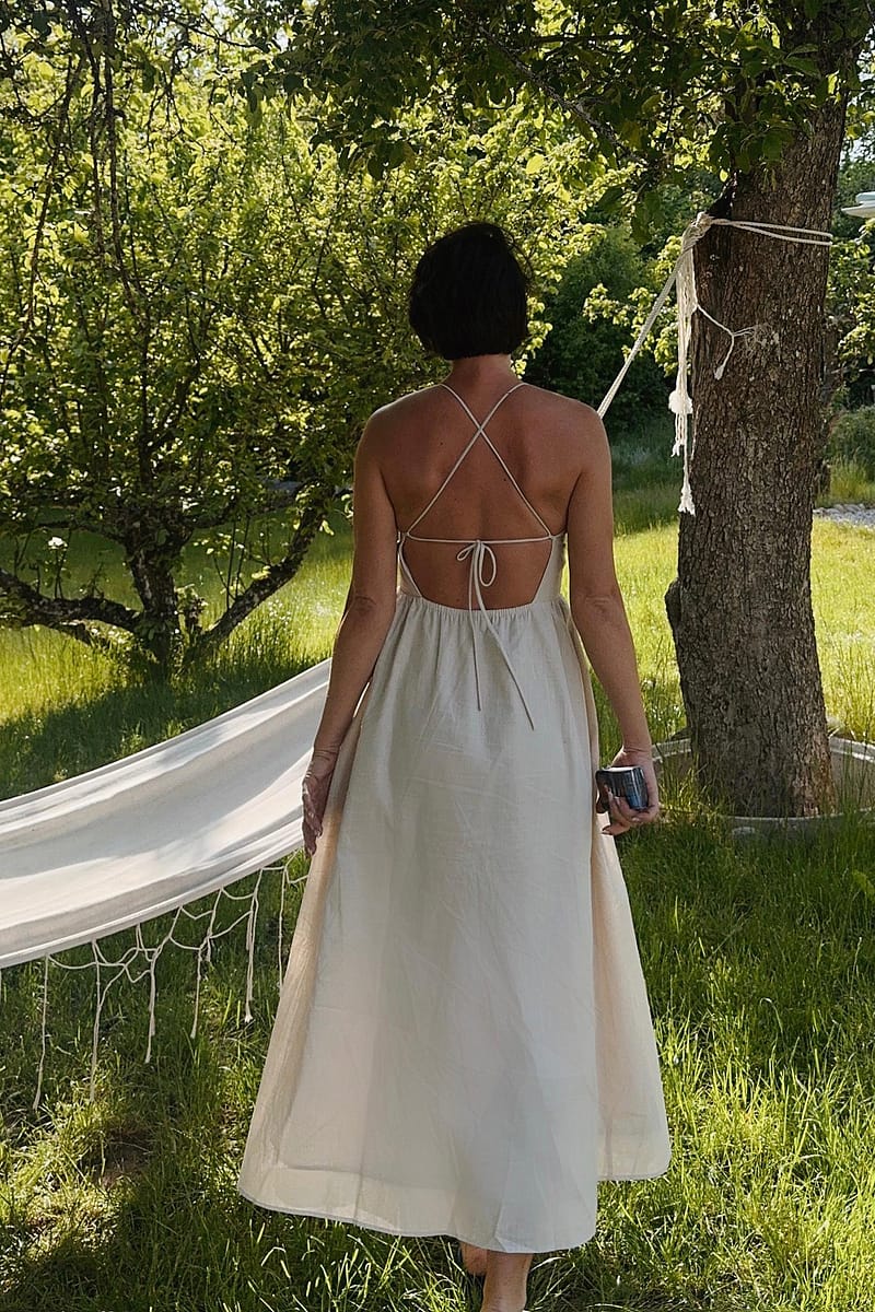 Open Back Tie Detail Midi Dress - Beige