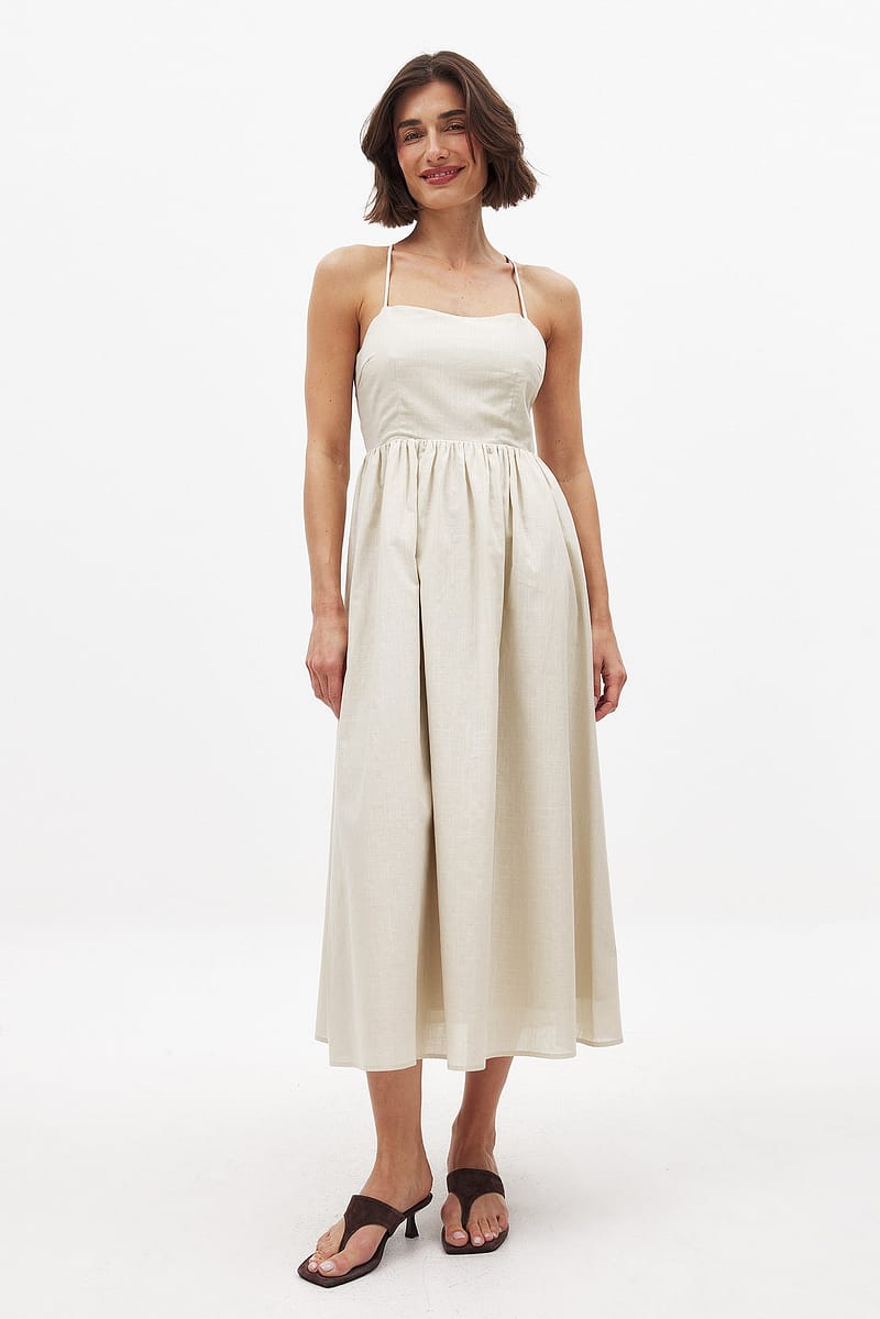 Open Back Tie Detail Midi Dress - Beige