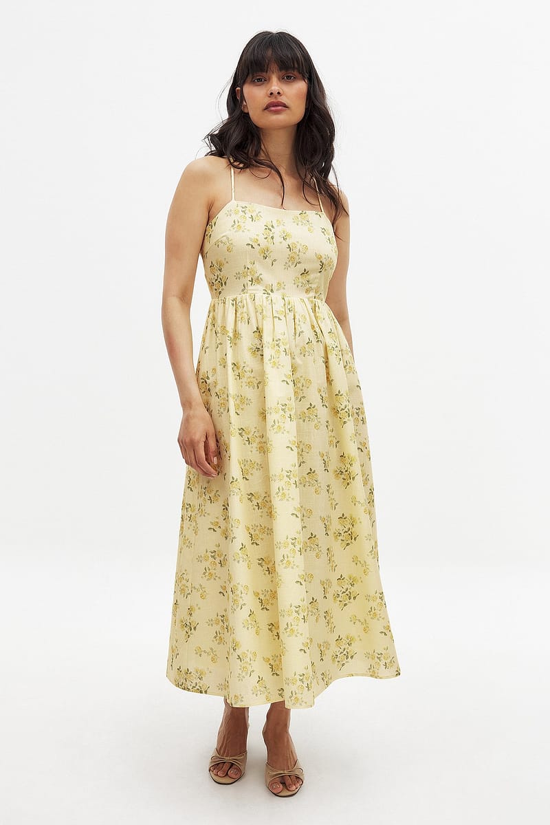 Open Back Tie Detail Midi Dress - Flower / Yellow