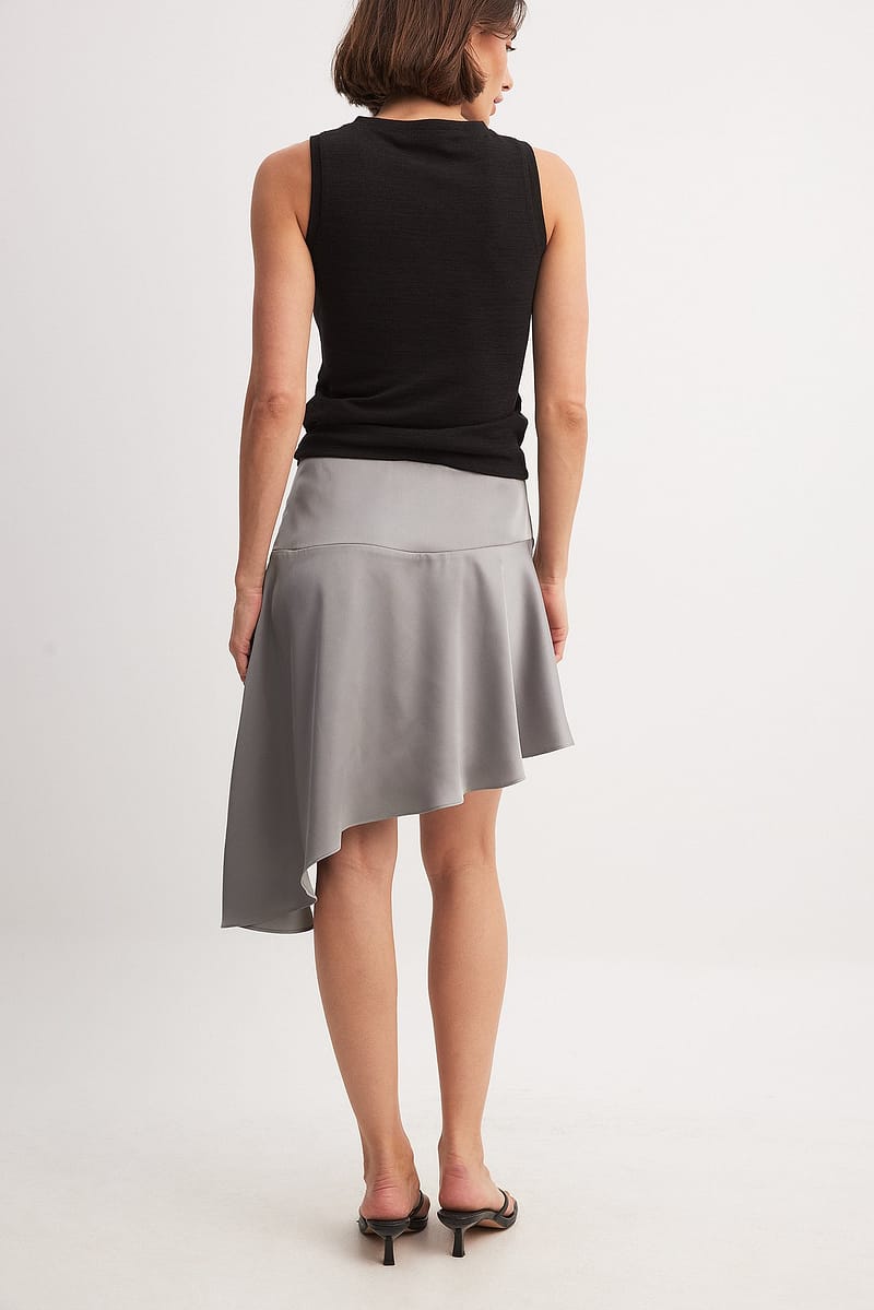 Asymmetric Satin Midi Skirt - Grey