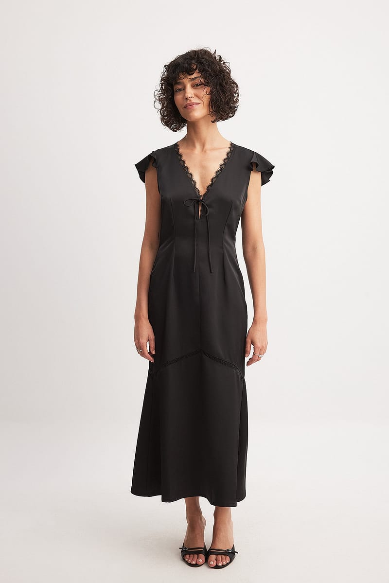 Lace Insert Frill Sleeve Midi Dress - Black