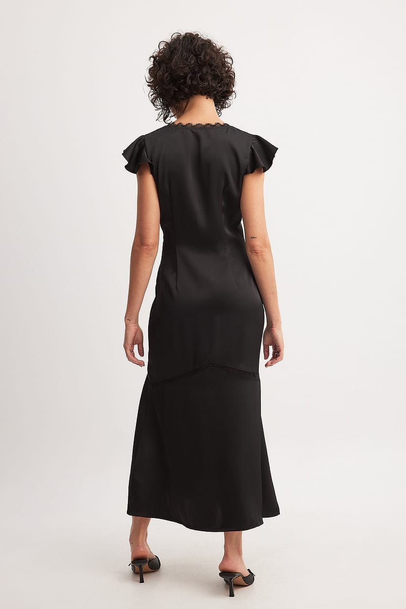 Lace Insert Frill Sleeve Midi Dress - Black