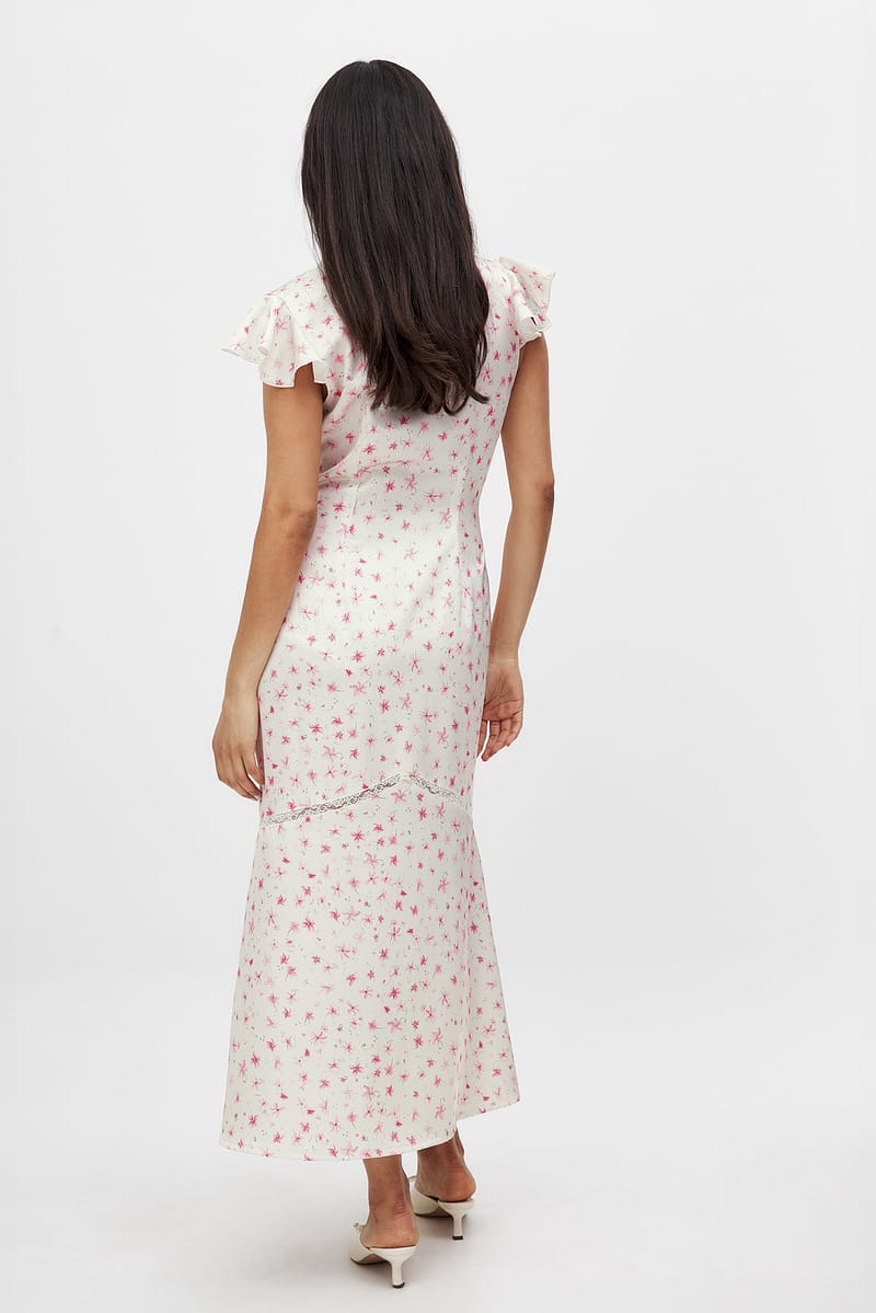 Lace Insert Frill Sleeve Midi Dress - Flower