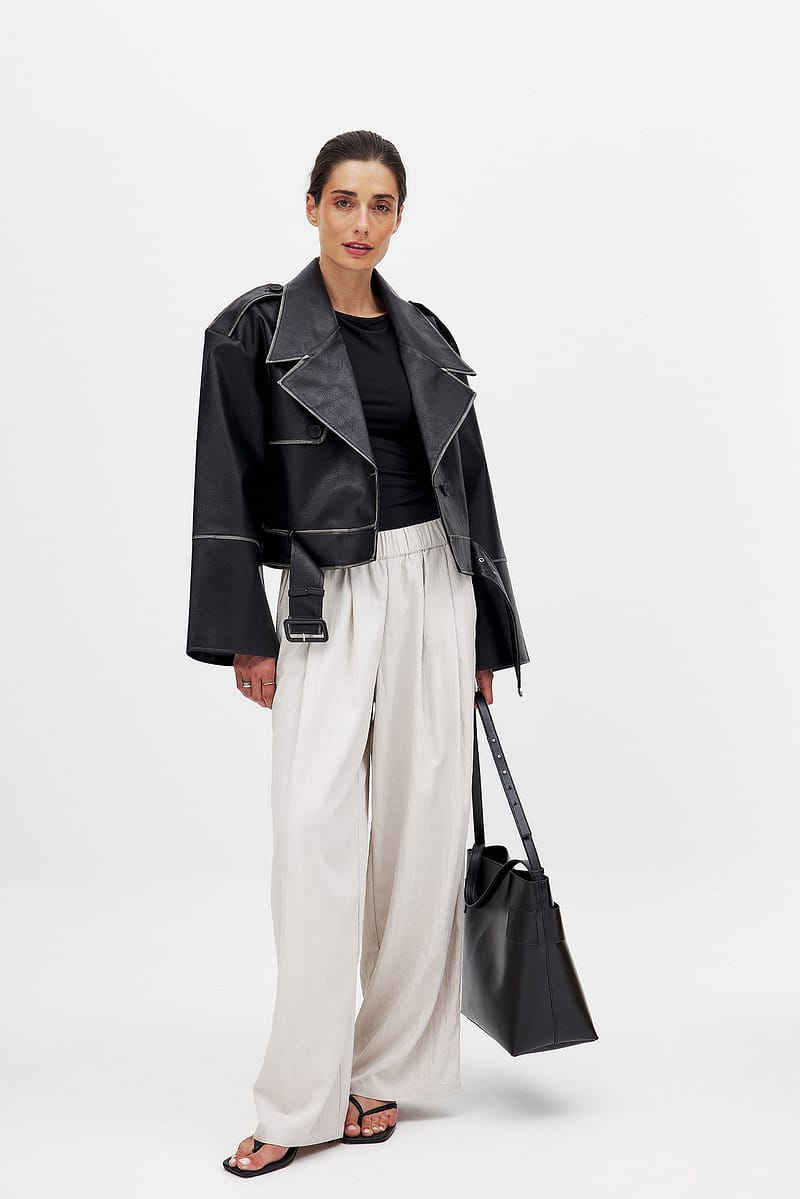 Crinkled Elastic Waist Wide Leg Trousers - Light Beige