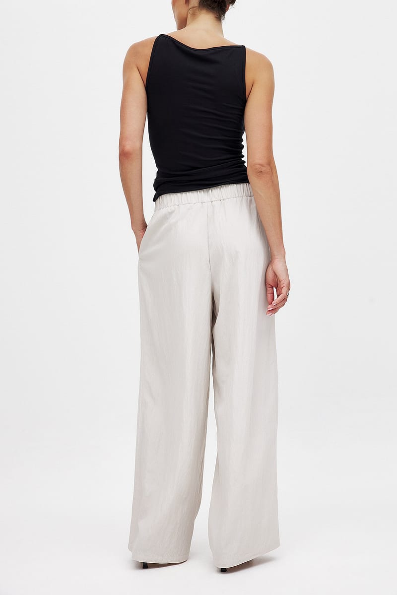 Crinkled Elastic Waist Wide Leg Trousers - Light Beige