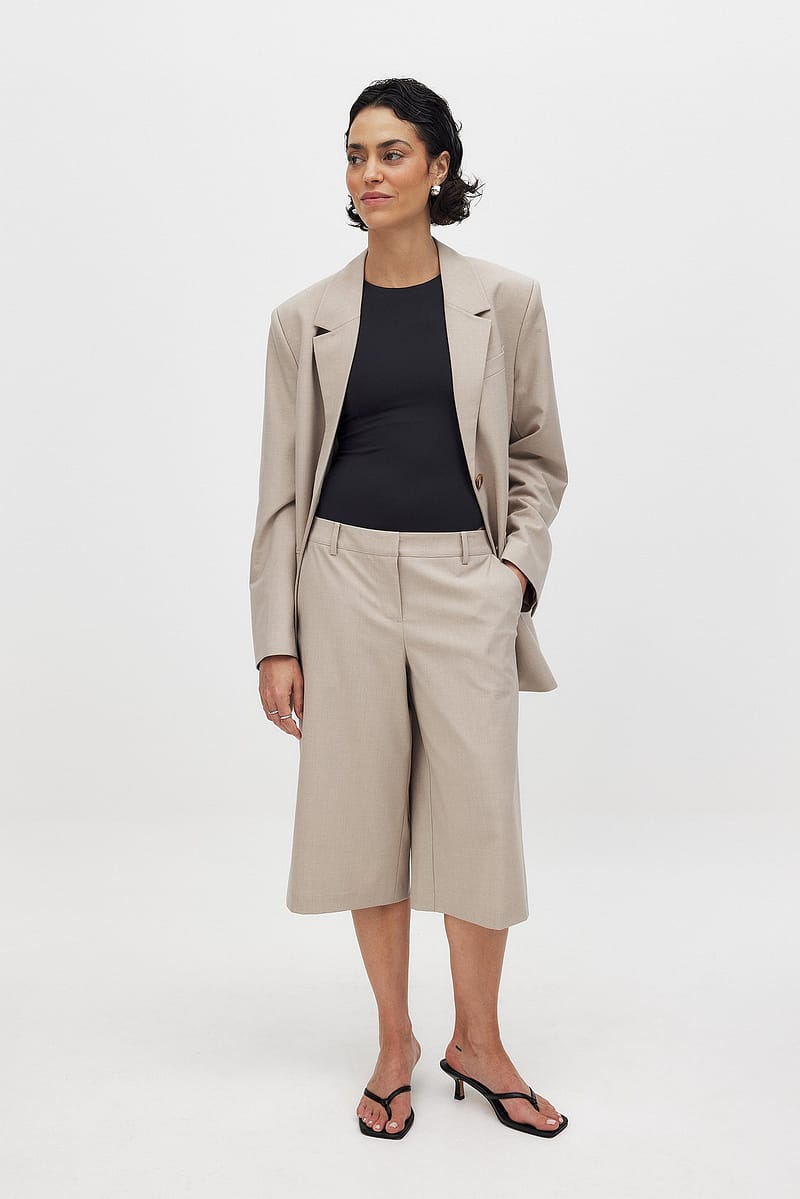 Mid Waist Long Shorts - Beige