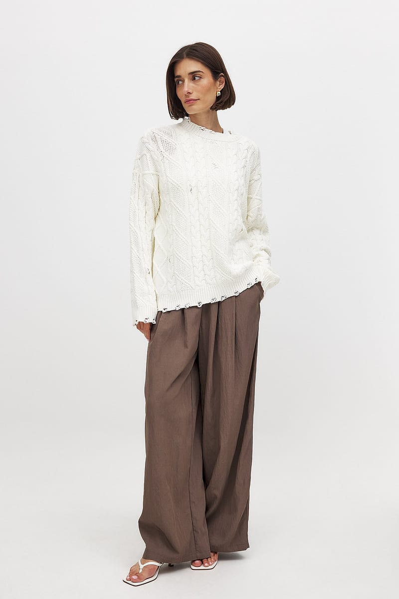 Crinkled Elastic Waist Wide Leg Trousers - Brown