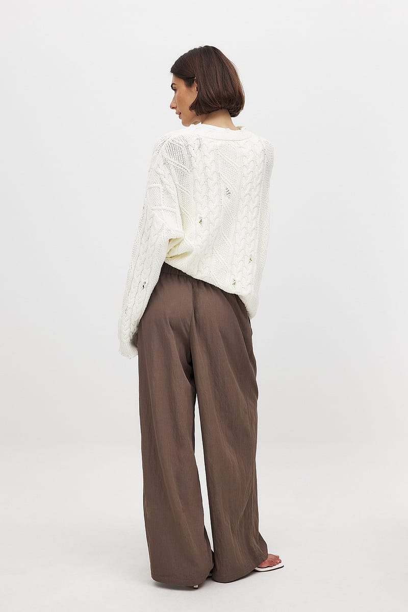 Crinkled Elastic Waist Wide Leg Trousers - Brown