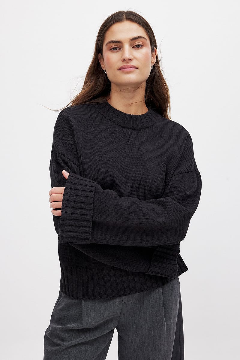 Folded Sleeve Knitted Sweater - Black