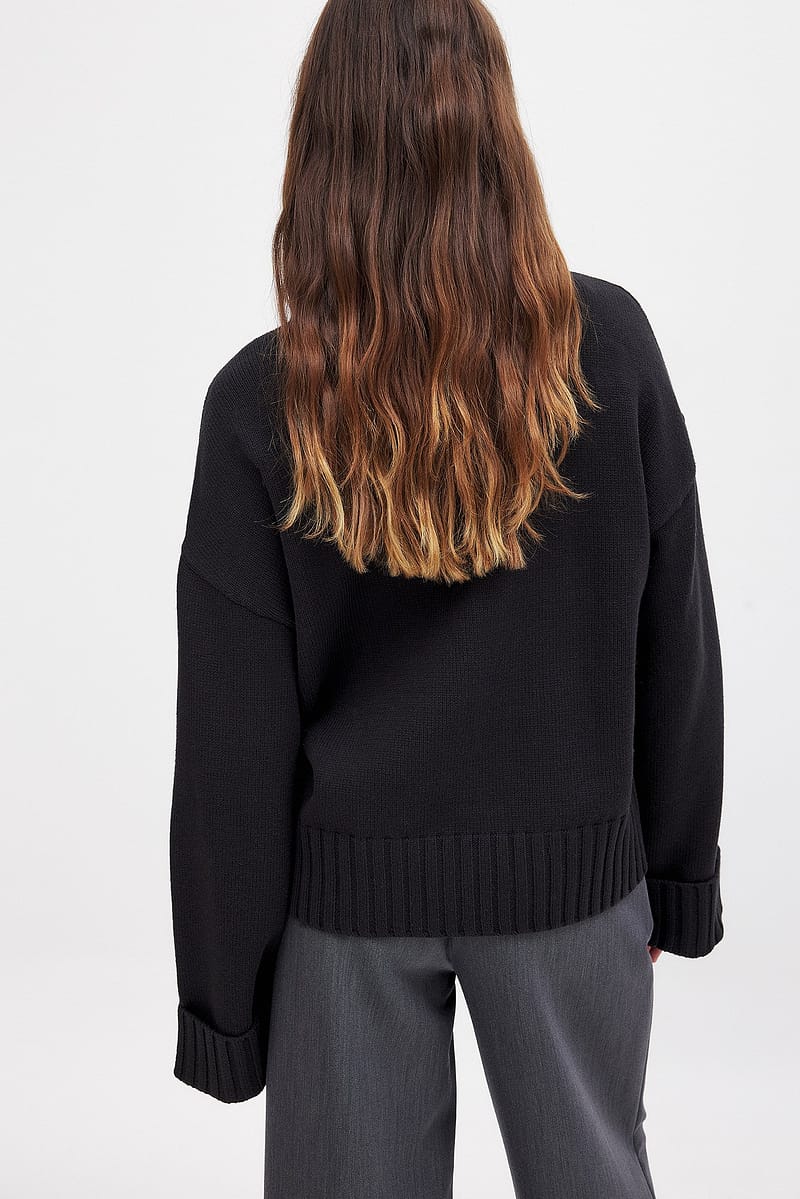 Folded Sleeve Knitted Sweater - Black