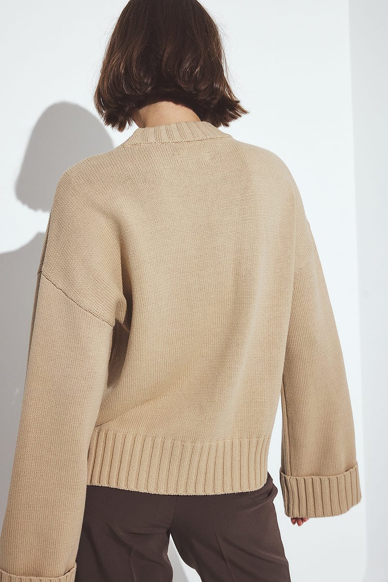 Folded Sleeve Knitted Sweater - Beige