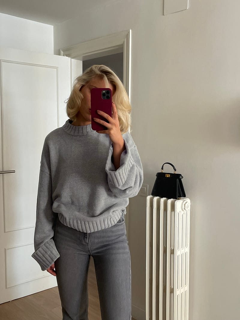 Folded Sleeve Knitted Sweater - Grey