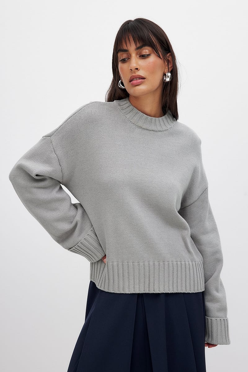 Folded Sleeve Knitted Sweater - Grey