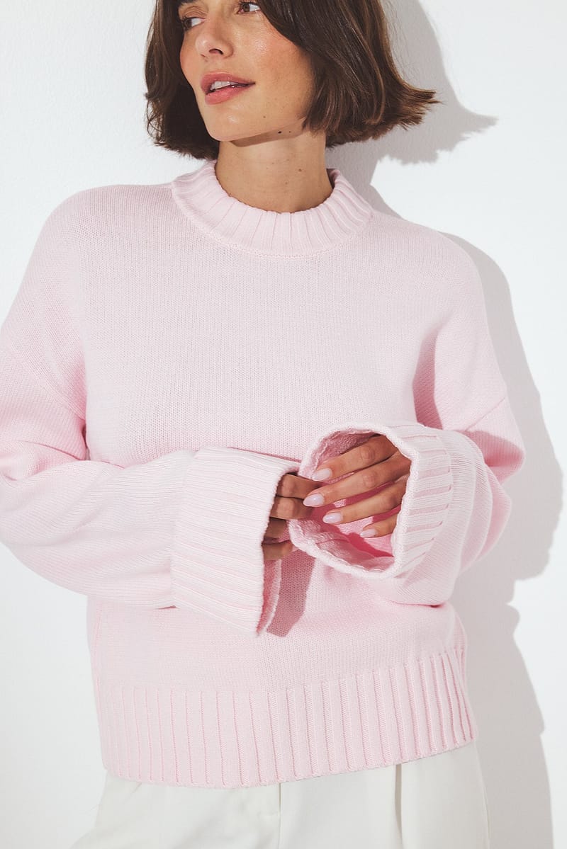 Folded Sleeve Knitted Sweater - Light Pink