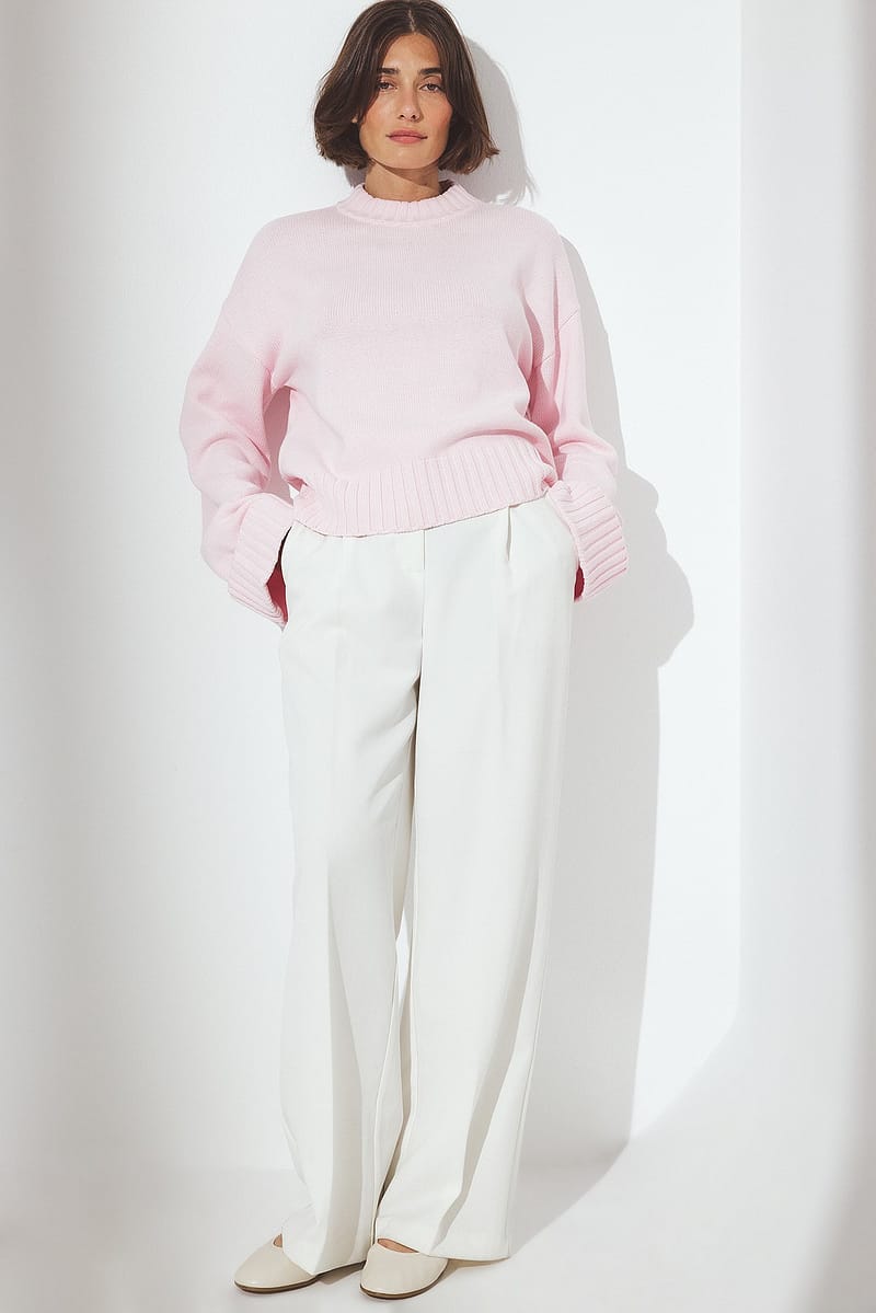 Folded Sleeve Knitted Sweater - Light Pink