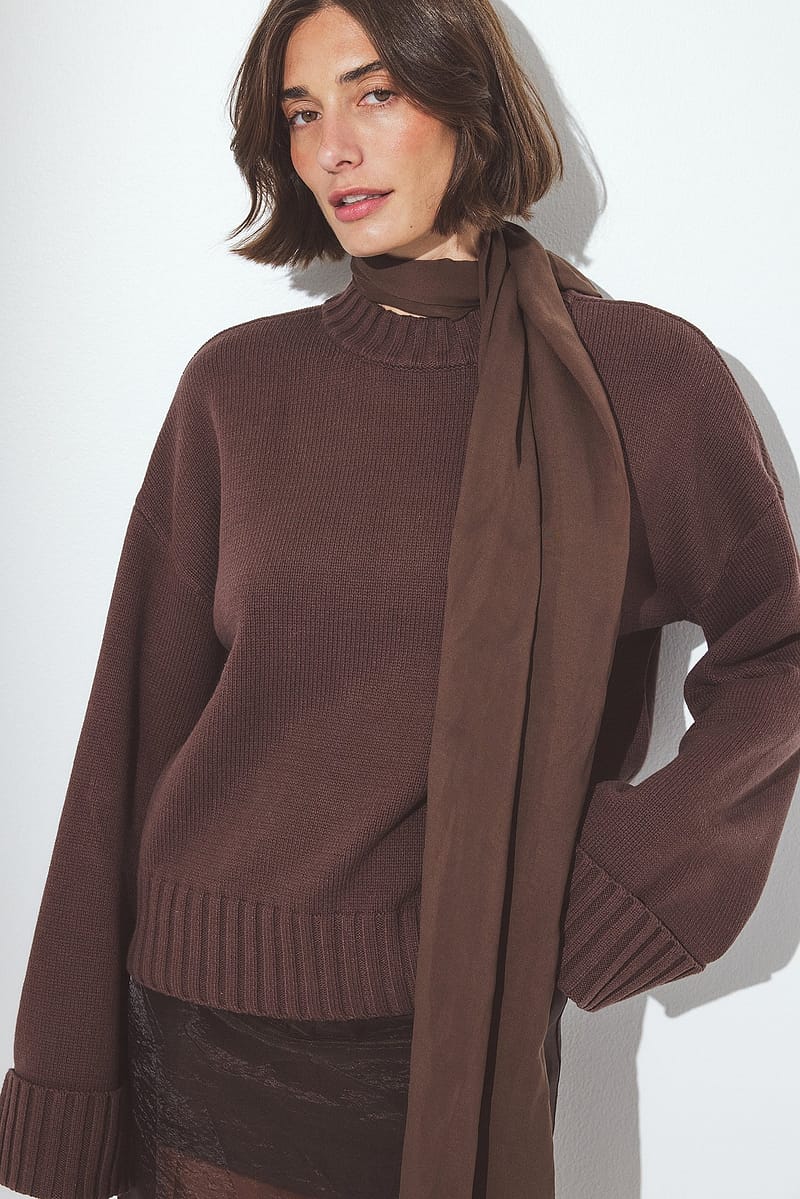Folded Sleeve Knitted Sweater - Brown