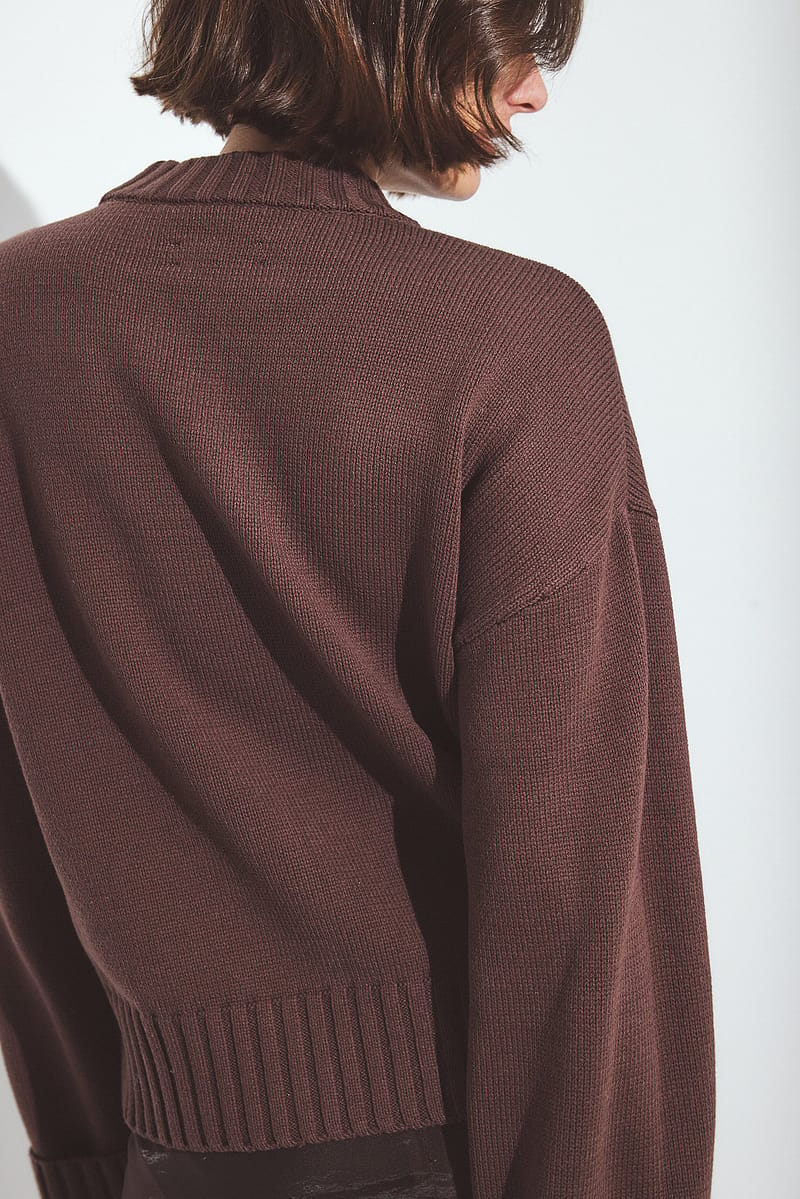 Folded Sleeve Knitted Sweater - Brown