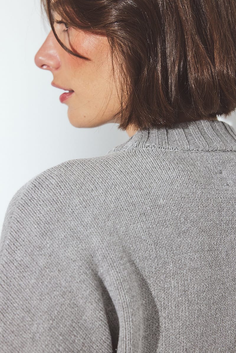 Folded Sleeve Knitted Sweater - Grey