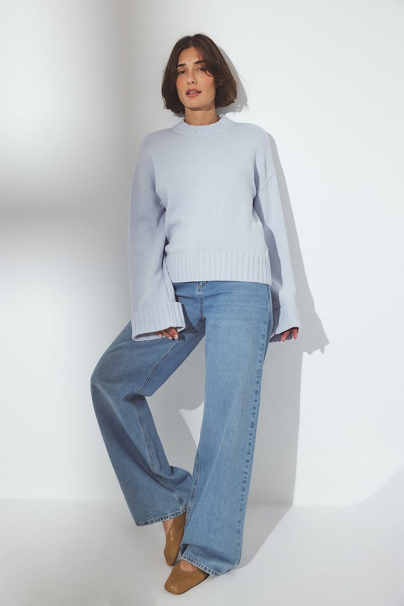 Folded Sleeve Knitted Sweater - Light Blue