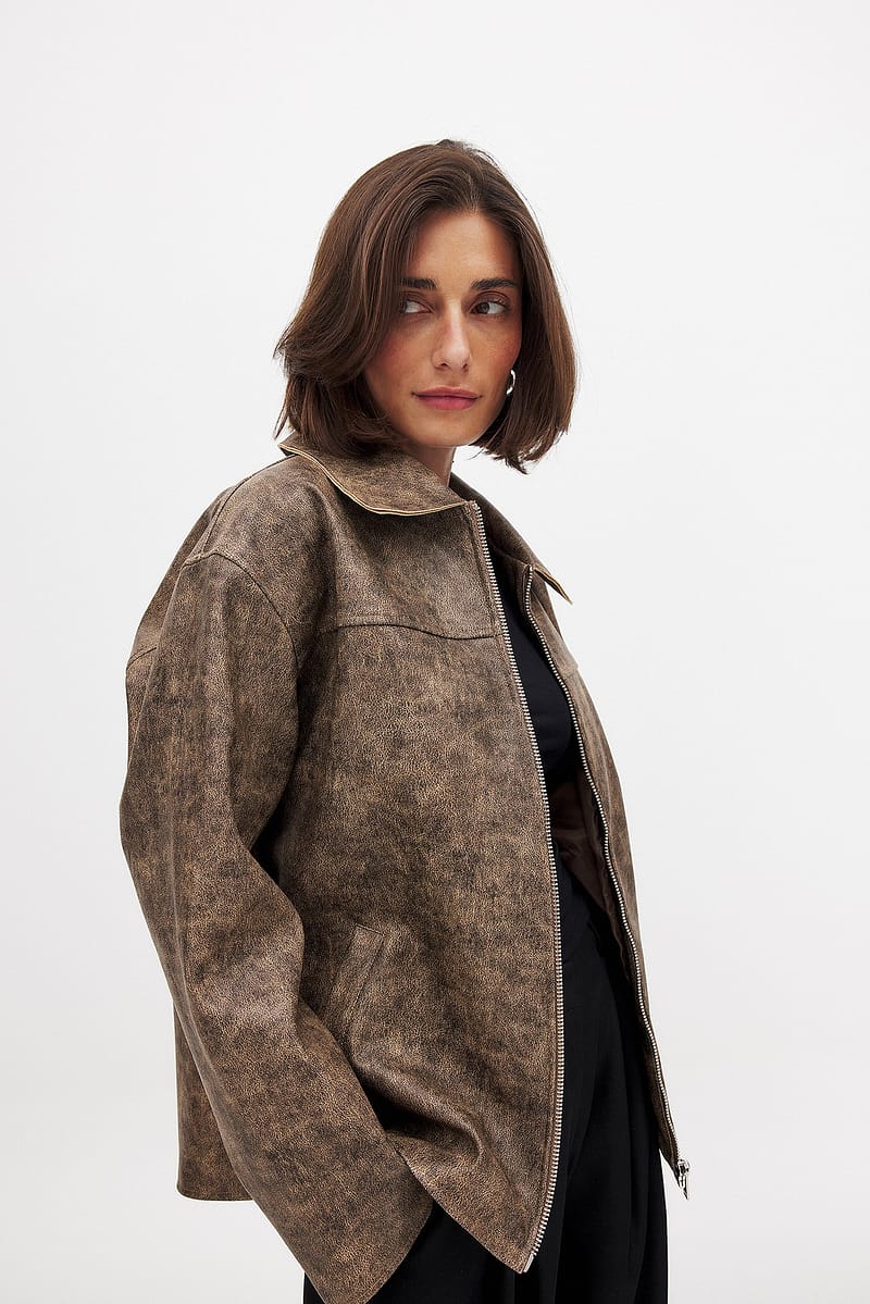 Washed Out Zip Detail Pu Jacket