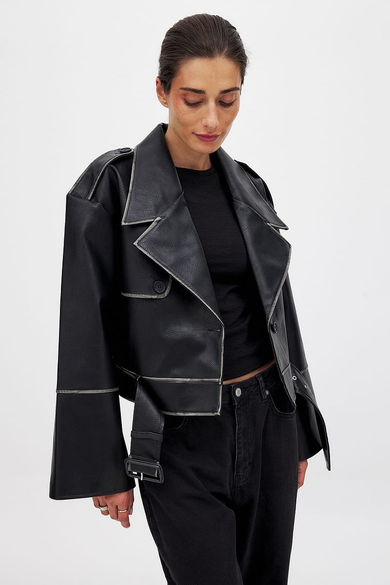 Cropped Washed Out Pu Biker Jacket - Black