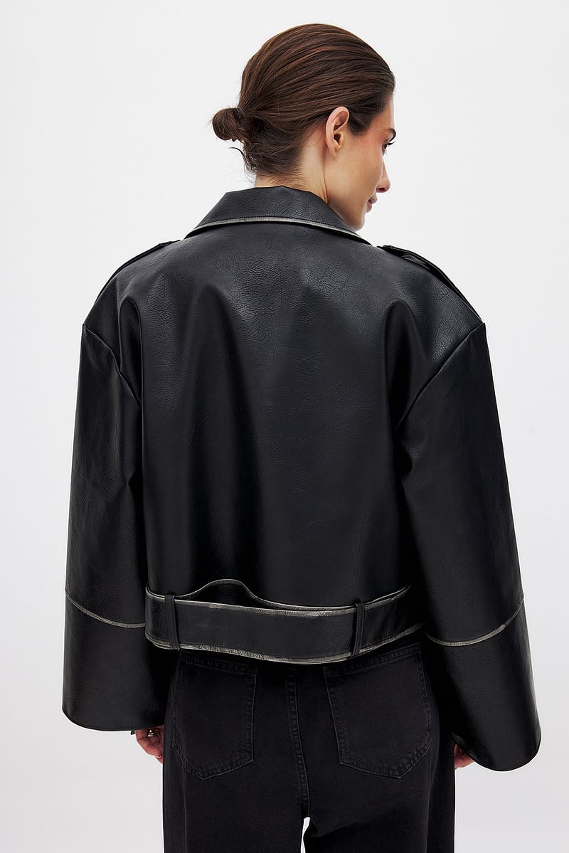 Cropped Washed Out Pu Biker Jacket - Black