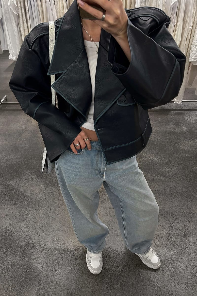 Cropped Washed Out Pu Biker Jacket