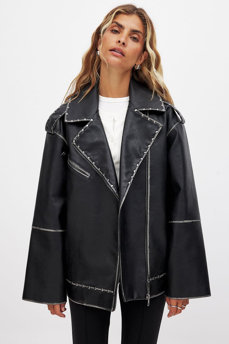 Stud Detail Pu Biker Jacket - Black