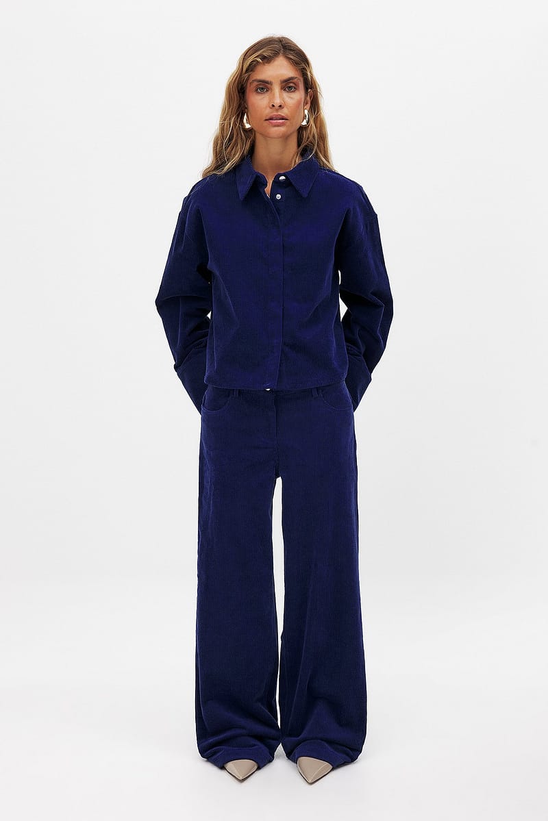 Low Waist Wide Leg Corduroy Trousers - Navy