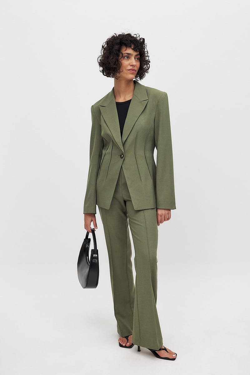 Flared Mid Waist Suit Pants - Olive Green
