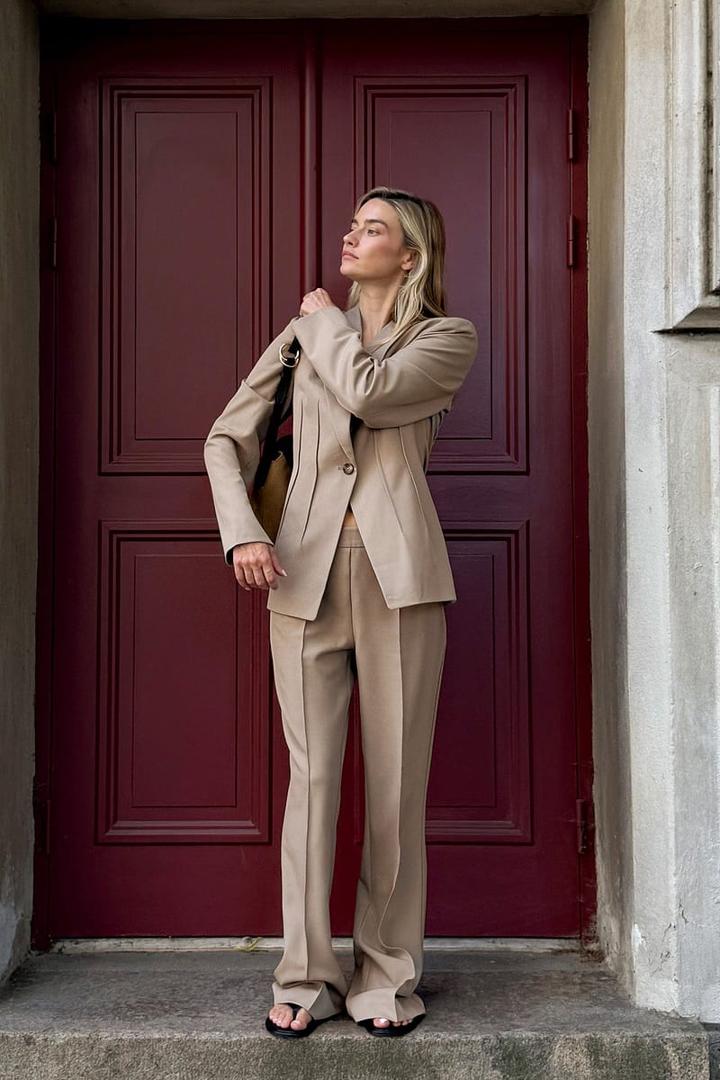Flared Mid Waist Suit Pants - Light Taupe