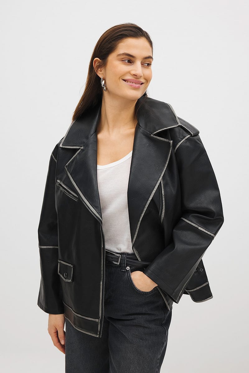 Washed Out Pu Biker Jacket - Black