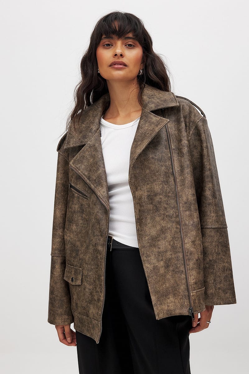 Washed Out Pu Biker Jacket - Brown