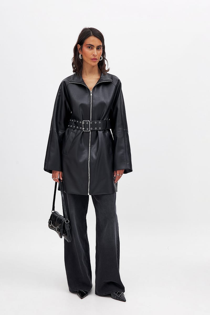 Belted Zip Detail Pu Jacket - Black