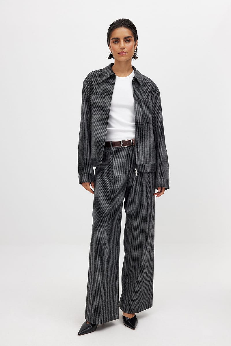 Houndstooth Mid Waist Wide Leg Pants - Grey