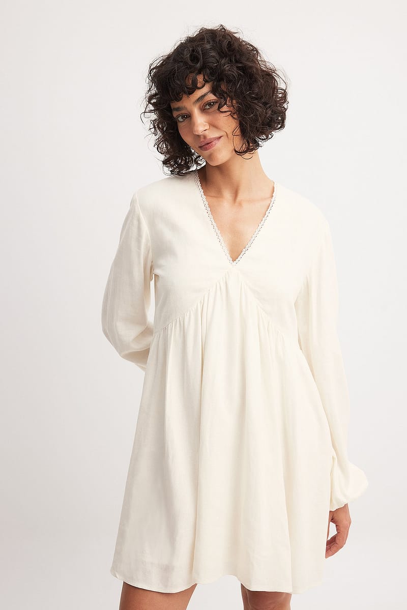 Linen Blend Lace Trim Mini Dress - Offwhite