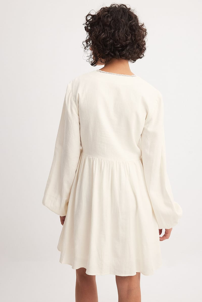 Linen Blend Lace Trim Mini Dress - Offwhite