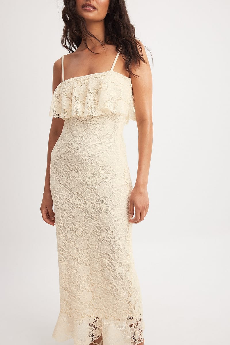 Flounce Crochet Midi Dress - Offwhite