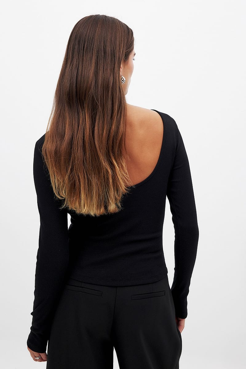 Deep Back Long Sleeve Rib Top - Black