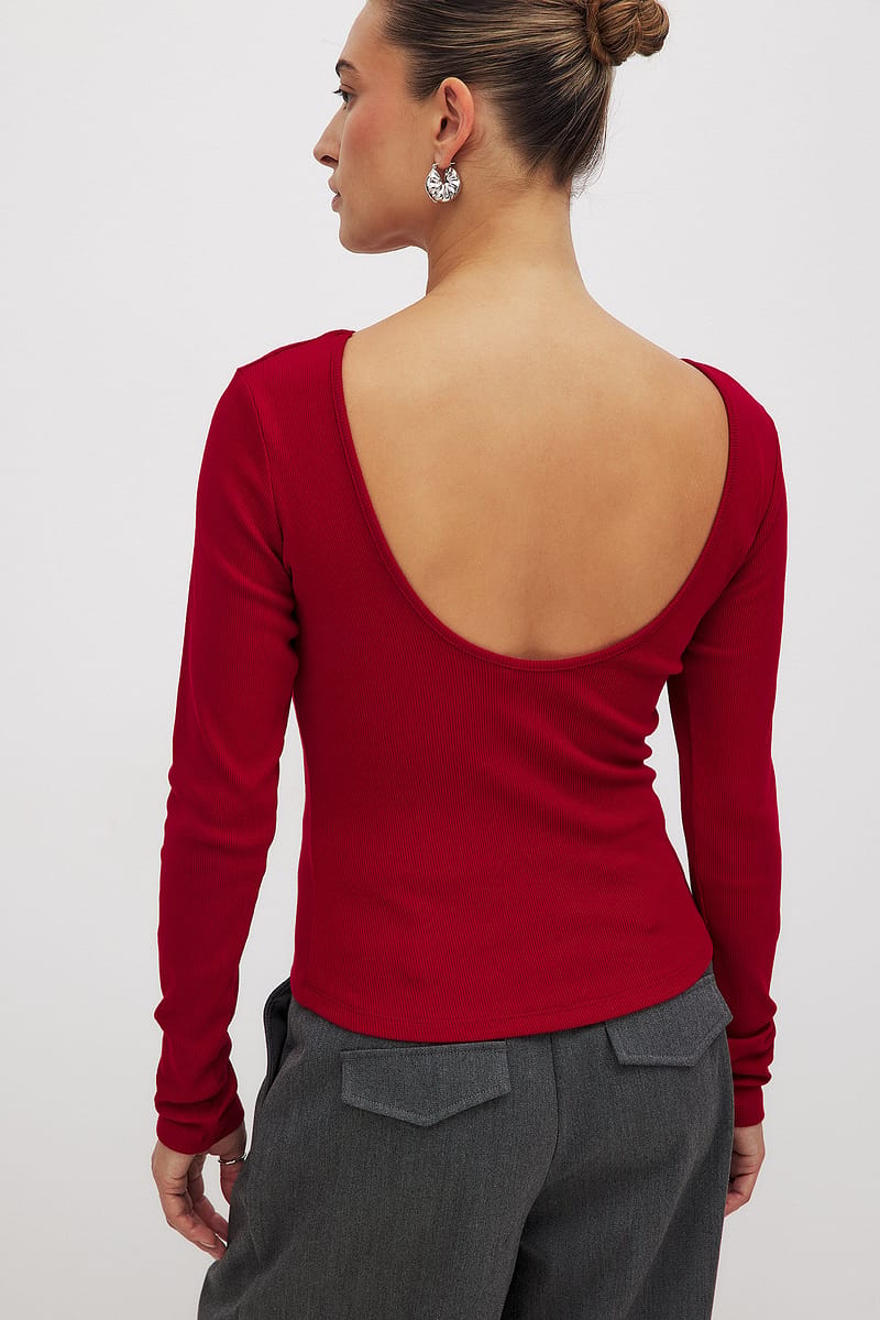 Deep Back Long Sleeve Rib Top - Red