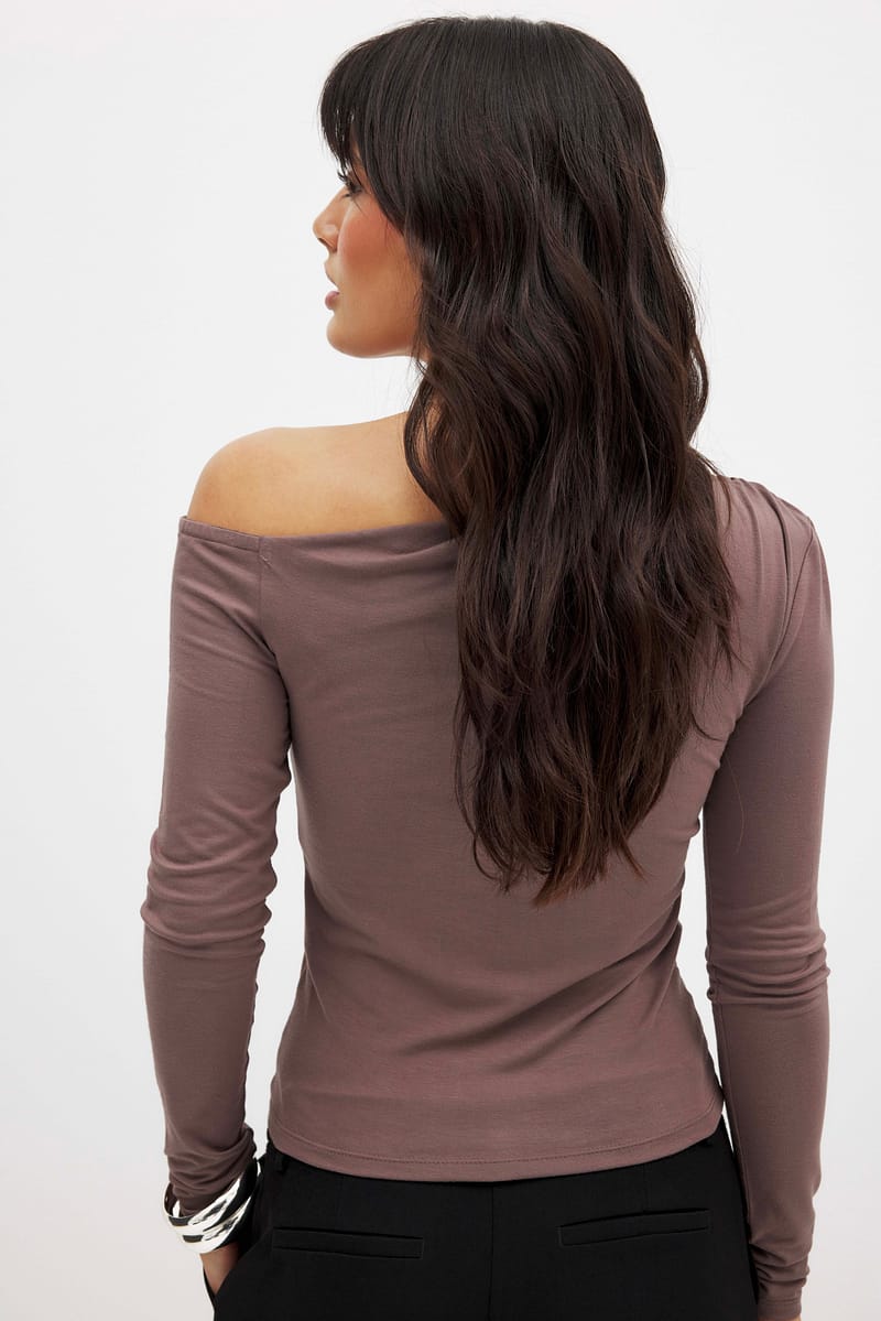 Off Shoulder Jersey Top - Brown