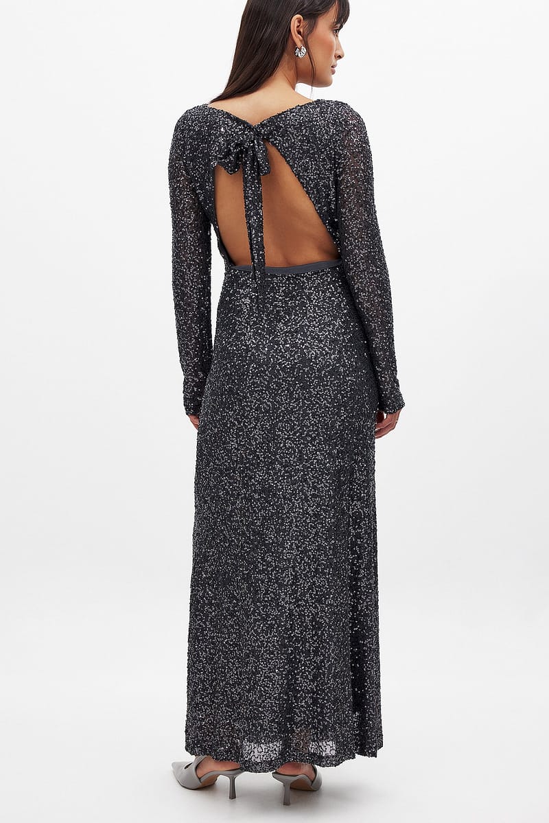 Open Back Sequin Maxi Dress - Dark Grey