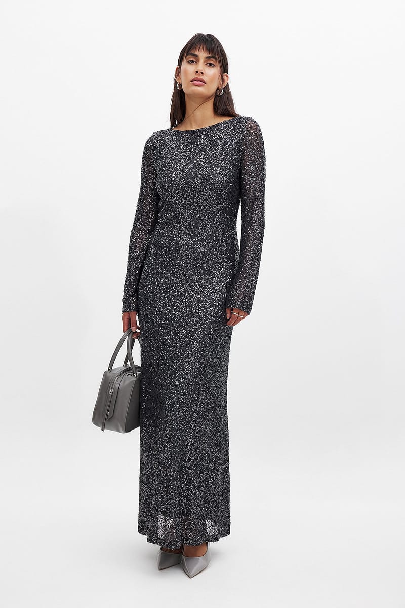 Open Back Sequin Maxi Dress - Dark Grey