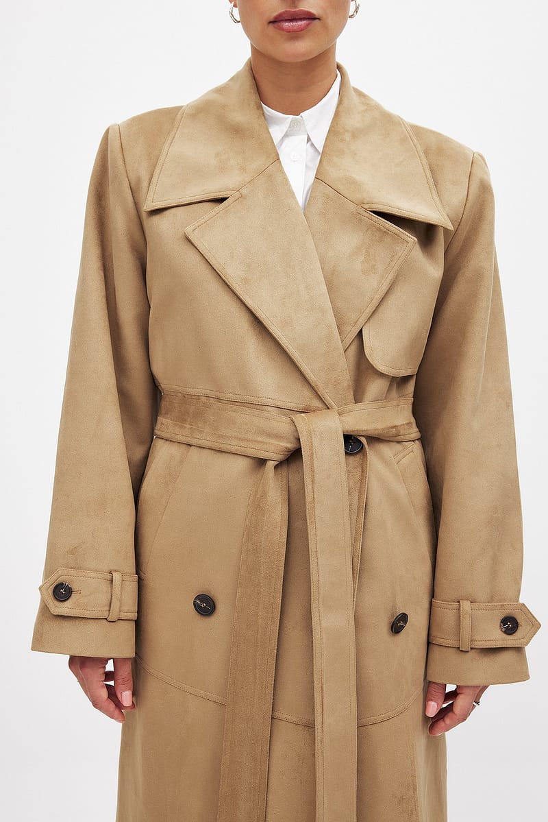 Faux Suede Oversized Trenchcoat - Beige
