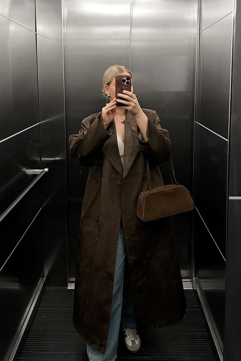 Faux Suede Oversized Trenchcoat - Brown