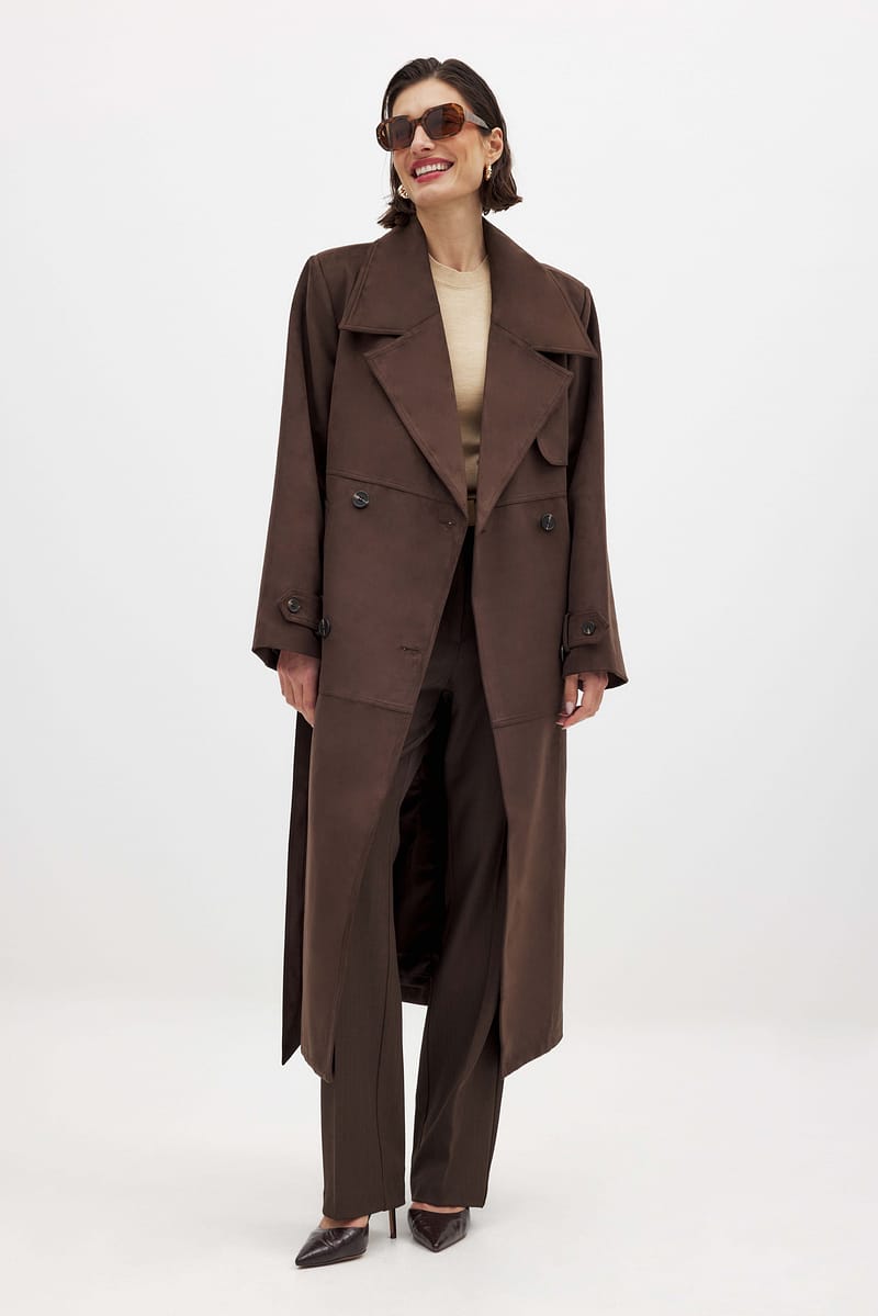 Faux Suede Oversized Trenchcoat - Brown