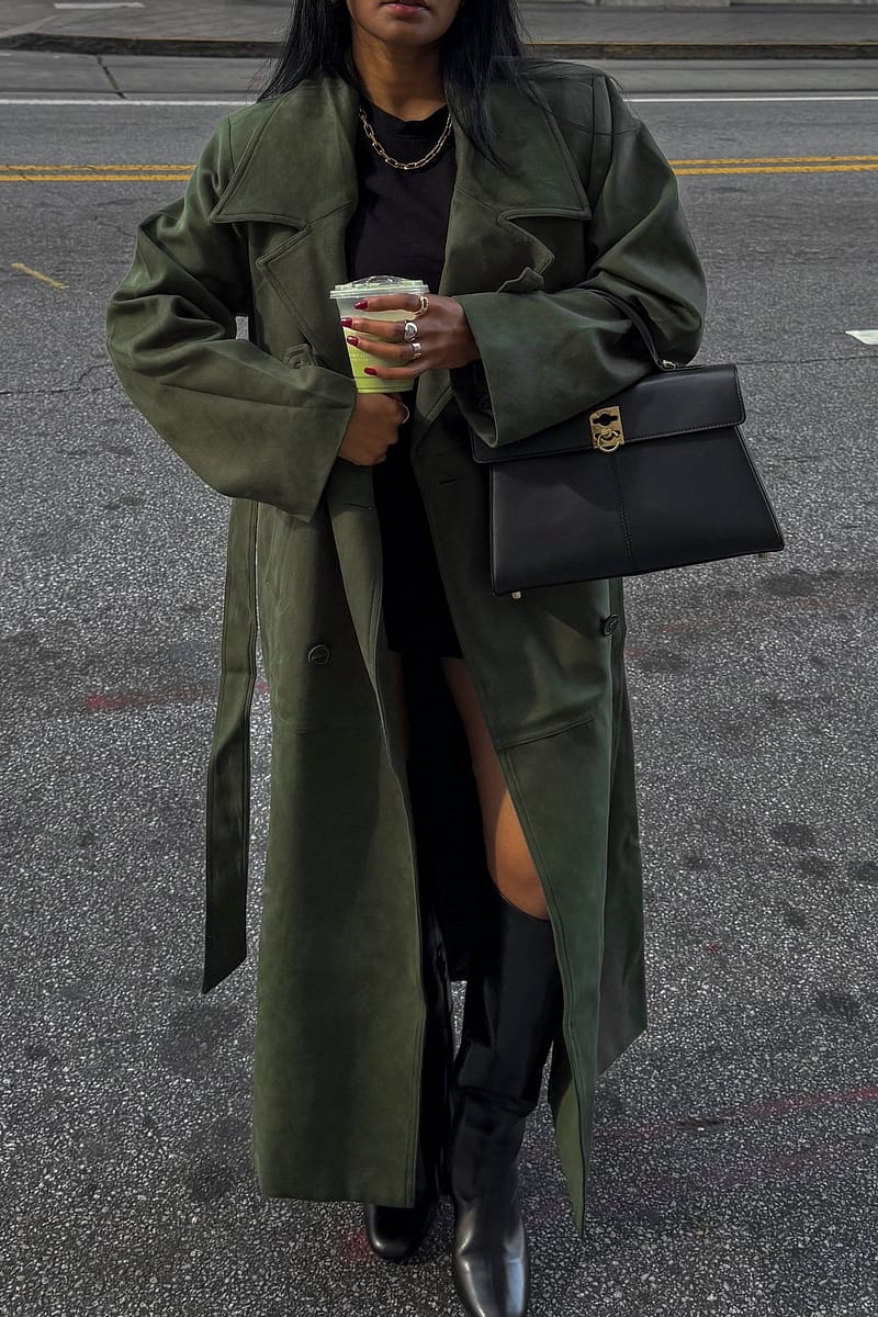 Faux Suede Oversized Trenchcoat - Dark Green