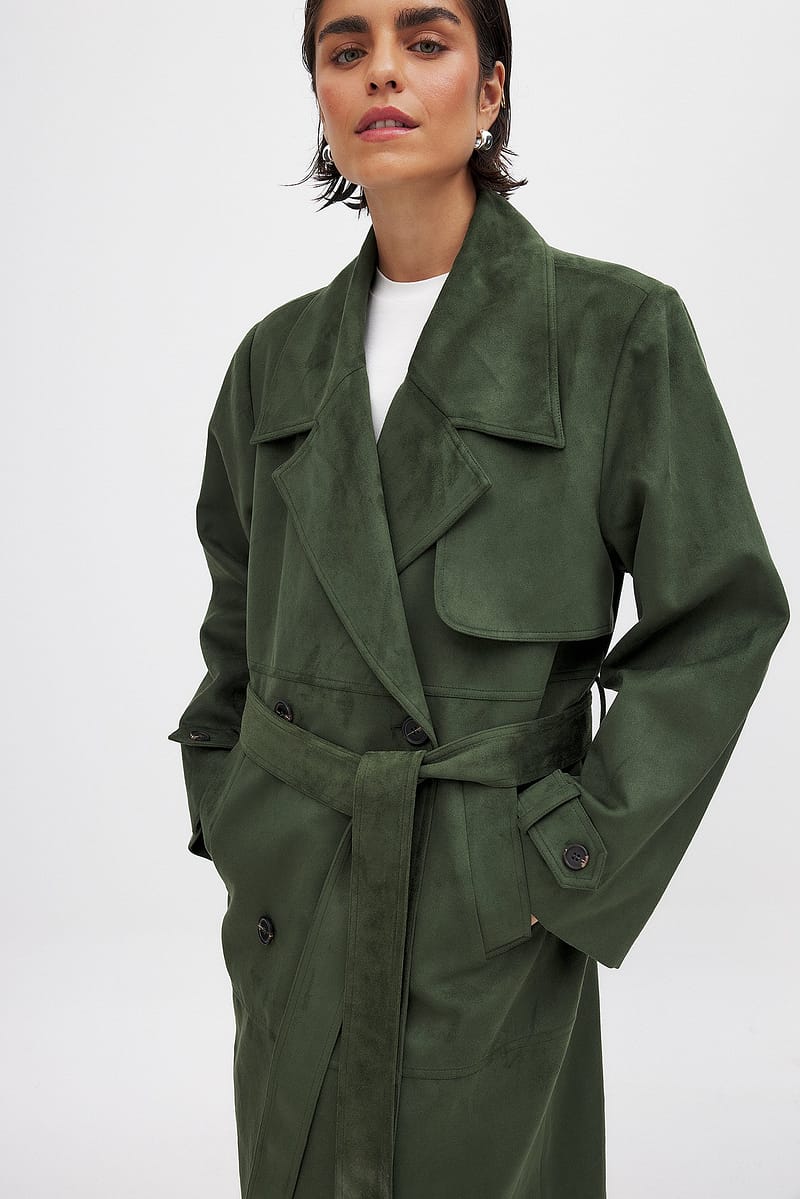 Faux Suede Oversized Trenchcoat - Dark Green