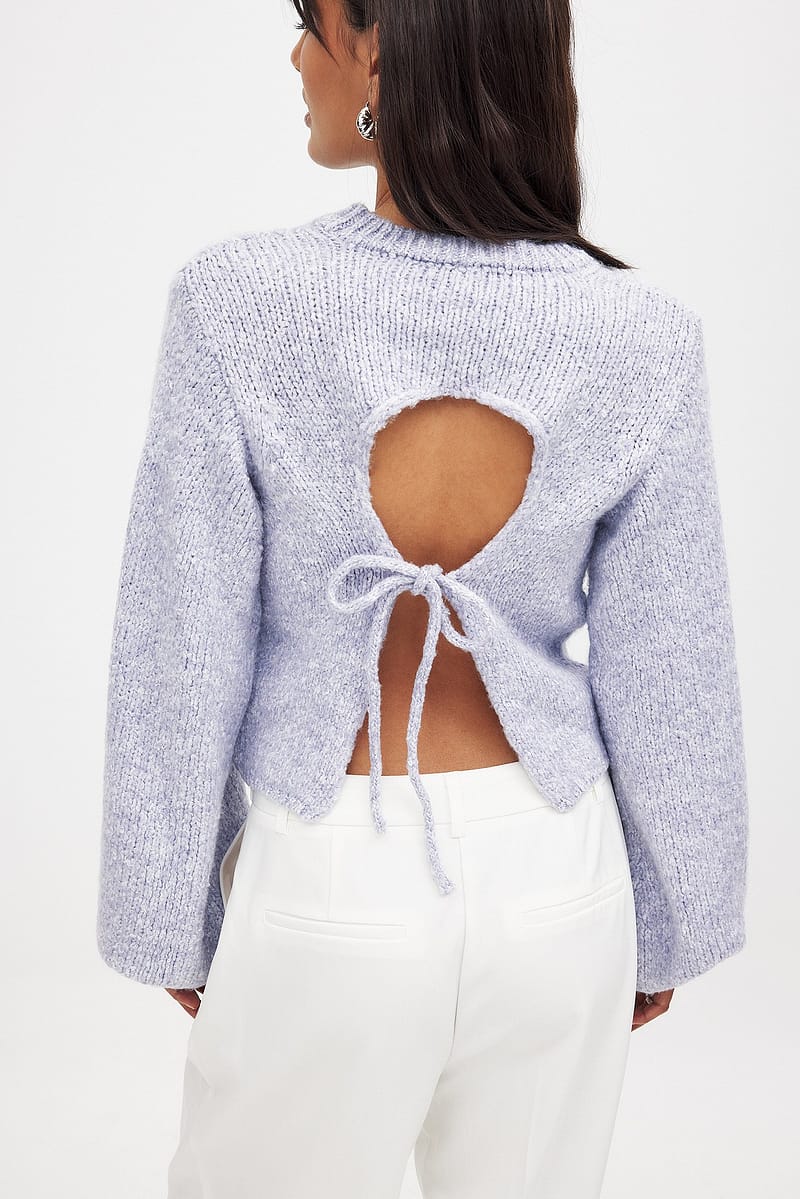 Knitted Open Back Balloon Sleeve Sweater - Light Blue