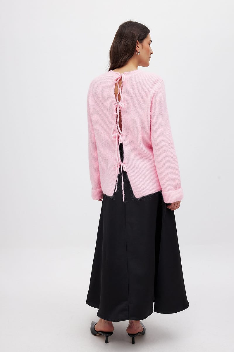 Knitted Tie Back Detail Sweater - Pink